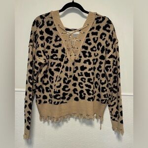 NWOT Willow moon Tan and Black Leopard V-Neck Sweater